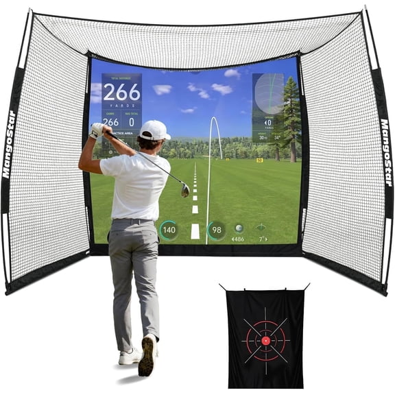 MangoStar Golf Net, 11x8ft Golf Simulators Hitting Net with High-density Impact Screen and Target Cloth, Heavy Duty Practice Cage for Swing Driving, Home Backyard Garage Indoor Outdoor Use