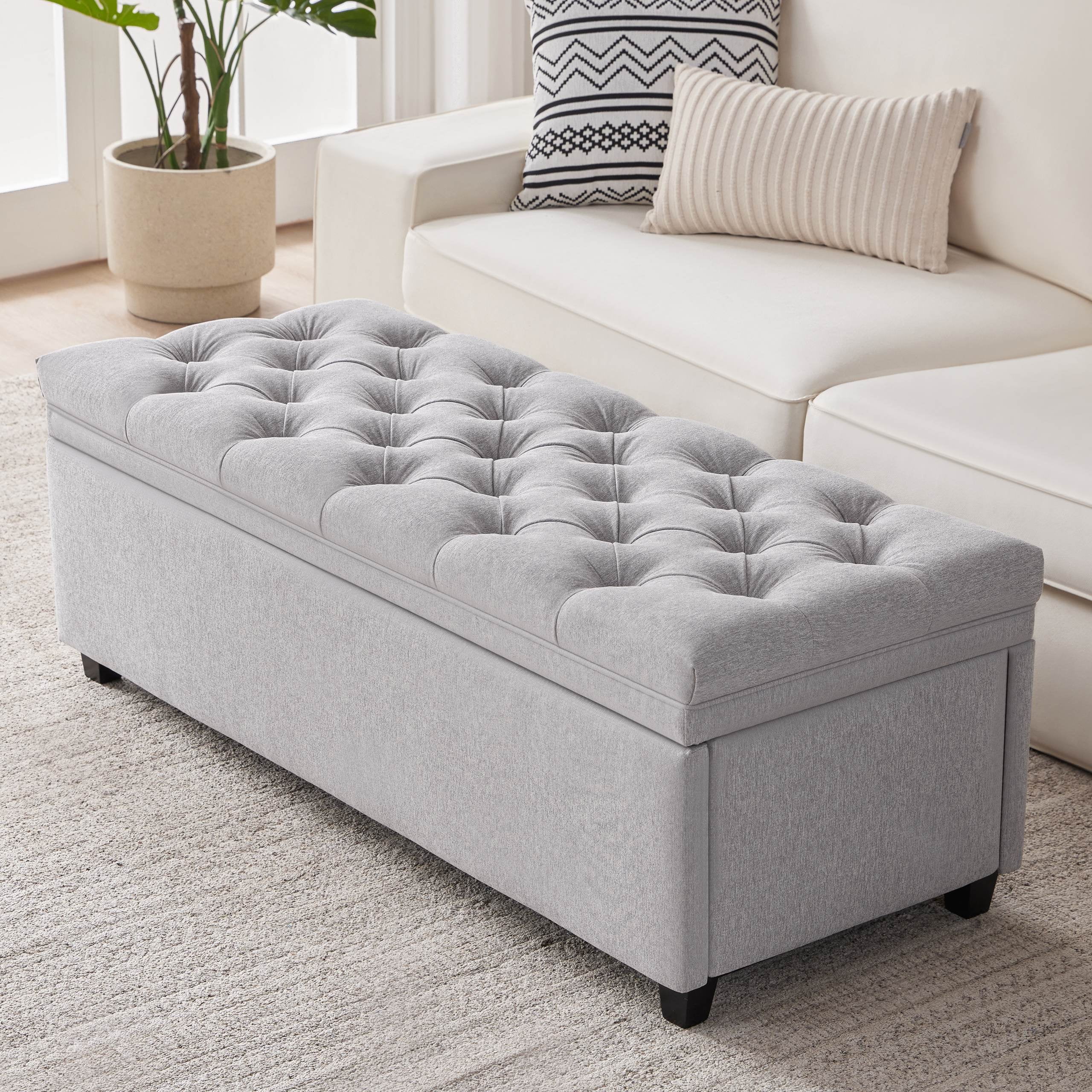 Mangodan 50" Storage Ottoman Bench, Tufted Ottoman With Storage Bench for Living Room, Large End of Bed Bench Ottomans, Modern Entryway Benches, Window & Bedroom Benches for Foot of Bed, LightGray