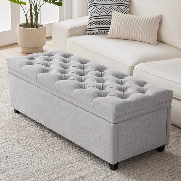 Mangodan 50" Storage Ottoman Bench, Tufted Ottoman With Storage Bench for Living Room, Large End of Bed Bench Ottomans, Modern Entryway Benches, Window & Bedroom Benches for Foot of Bed, LightGray