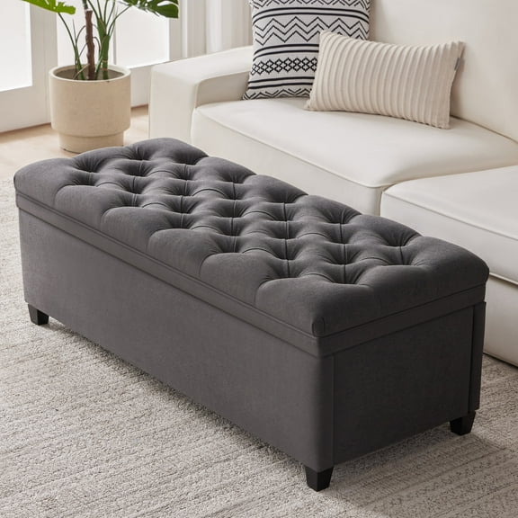 Mangodan 50" Storage Ottoman Bench, Tufted Ottoman With Storage Bench for Living Room, Large End of Bed Bench Ottomans, Modern Entryway Benches, Window & Bedroom Benches for Foot of Bed,DarkGray