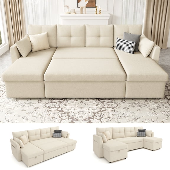 Mangodan 110 inch Sectional Oversized Sleeper Sofa with Side Pocket , Pullout Couch Bed with Double Storage Chaise, Beige