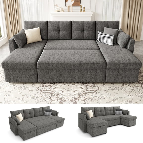 Mangodan 110 inch Sectional Oversized Sleeper Sofa with Side Pocket , Pullout Couch Bed with Double Storage Chaise, Dark Grey