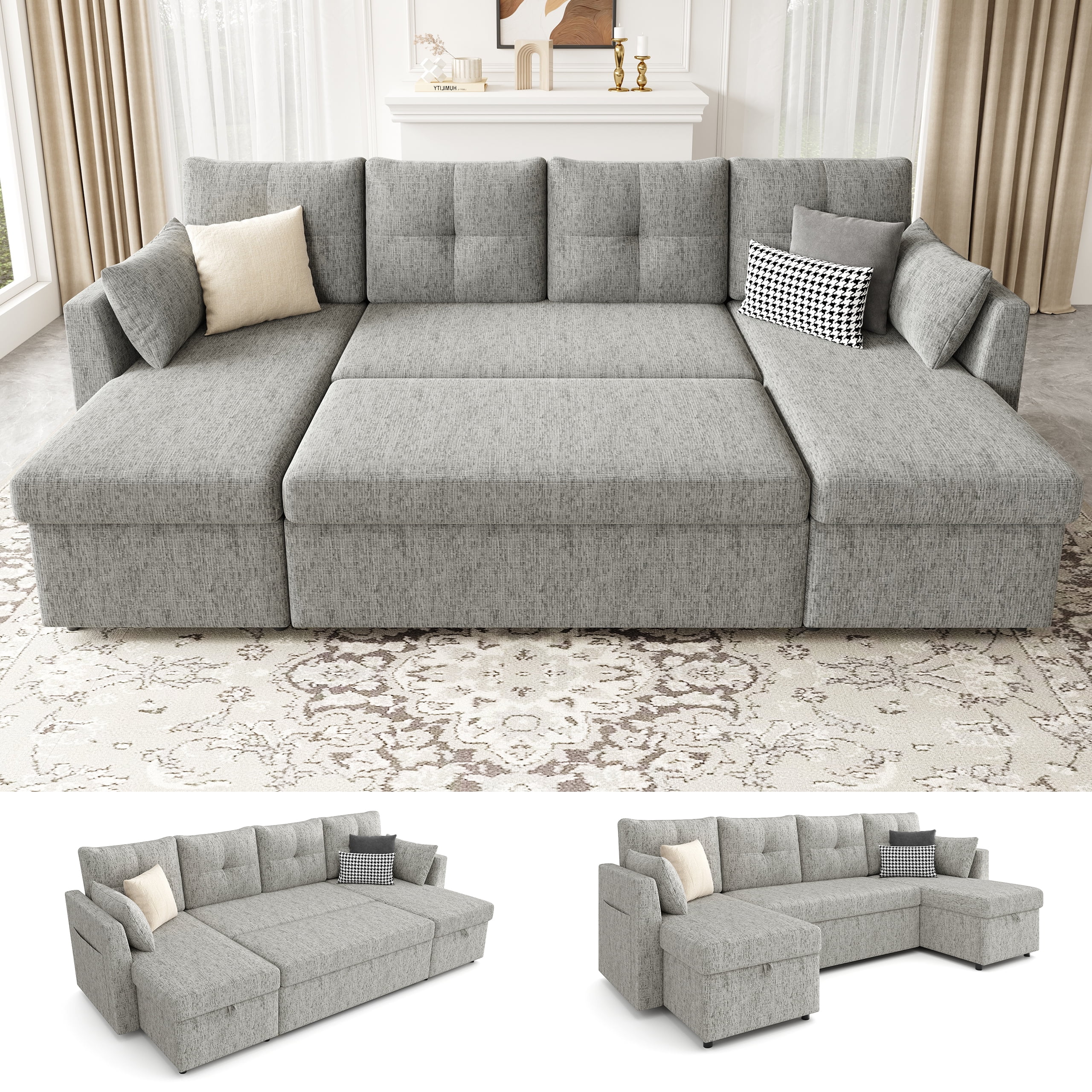 Mangodan 110 inch Sectional Oversized Sleeper Sofa with Side Pocket , Pullout Couch Bed with Double Storage Chaise, Light Grey