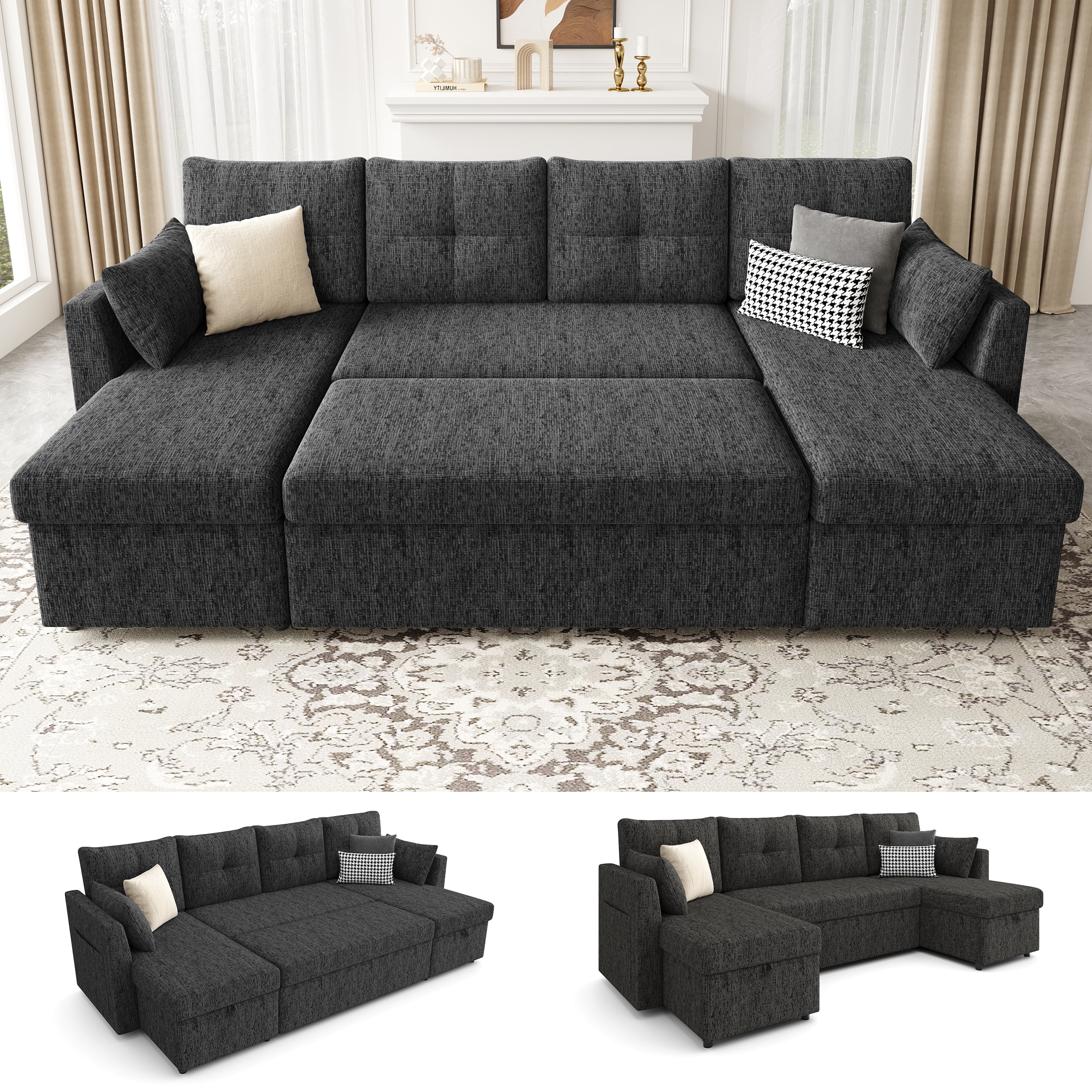Mangodan 110 inch Sectional Oversized Sleeper Sofa with Side Pocket , Pullout Couch Bed with Double Storage Chaise, Black