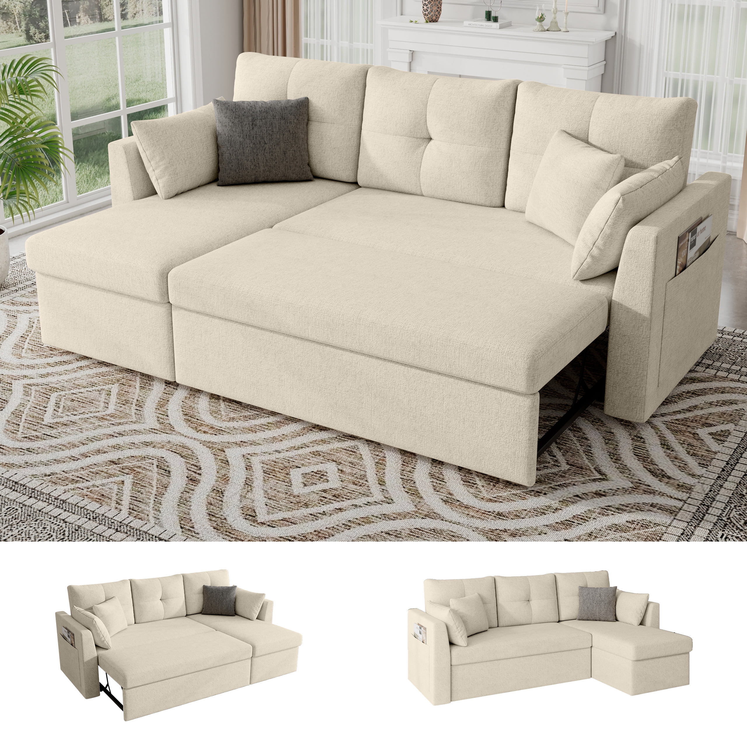 Mangodan Sectional Sleeper Sofa Couch, 2 in 1 Pullout Couch  Sleeper Sofa Bed with Storage Chaise, Side Pocket, Beige