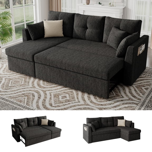 Mangodan Sectional Sleeper Sofa Couch, 2 in 1 Pullout Couch Sleeper Sofa Bed with Storage Chaise, Side Pocket, Black