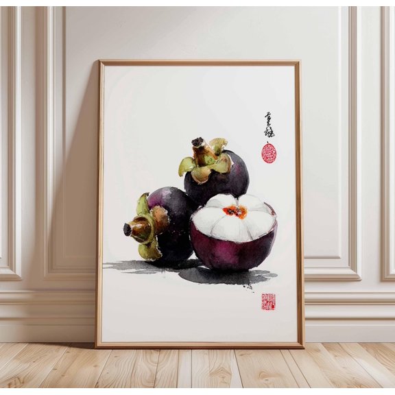 Mangosteen Fruit Poster, Asian Fruit Wall Art Print, Watercolor Kitchen Decor, Purple Tropical Fruit Artwork, Minimalist Food Illustration, Poster Only