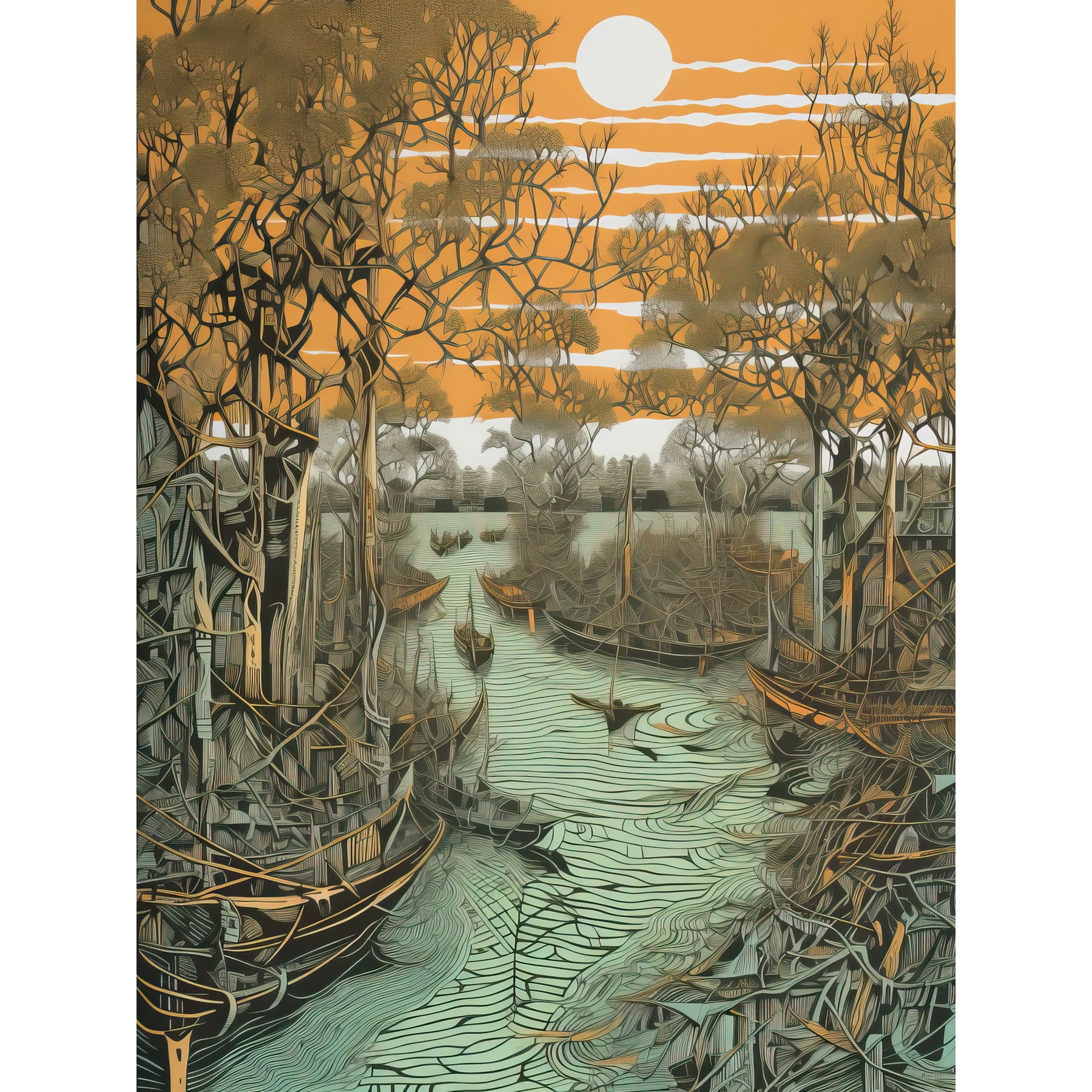 Mangrove Forest Swamp Landscape Linocut Style Large Wall Art Poster ...