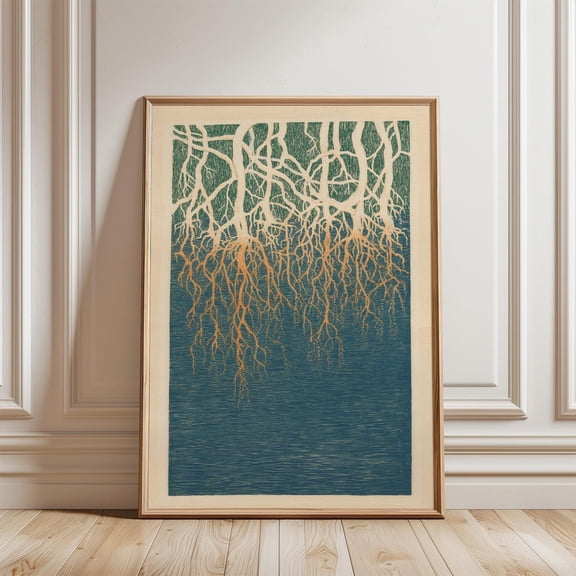 Mangrove Roots Poster, Japanese Minimalist Blue Nature Wall Art Print, Retro Artwork, Premium Print, Cozy Decor, Decorative Artwork, For Contemporary, Home Office, Unfreamed 8x80