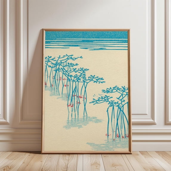 Mangrove Trees Japanese Minimalist Coastal Blue Nature Wall Art Decor, Stretched Canvas 12x16in
