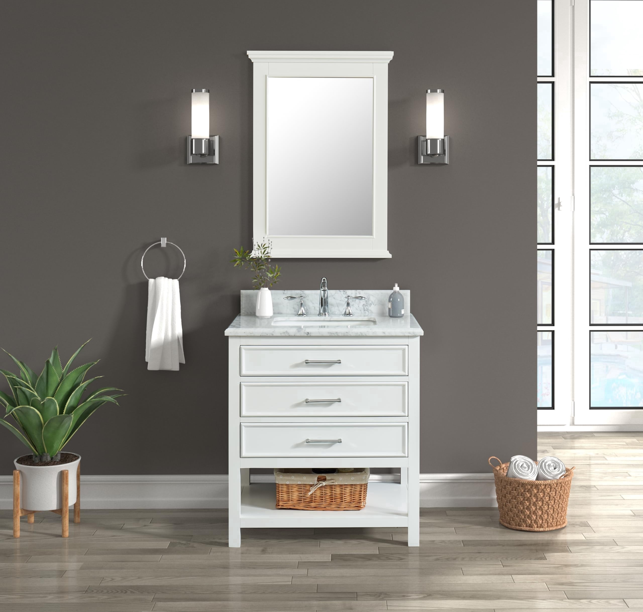 Manhattan 30" Single Bathroom Vanity, 31" W x 22" D x 34.5" H, Carrara Marble Top with Sink & Backsplash, Dove White, Solid Wood, Pre-Assembled, 3 Soft-Close Drawers, 1 Shelf