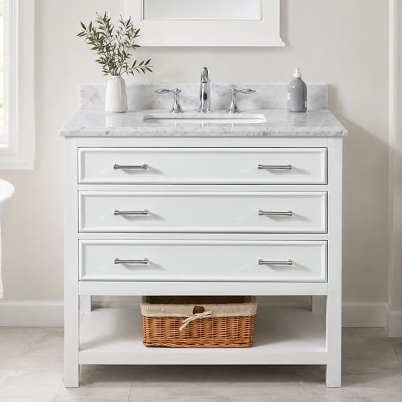 Tile & Top Manhattan 36" Single Bathroom Vanity, 37" W x 22" D x 34.5" H, Carrara Marble Top with Sink & Backsplash, Dove White, Solid Wood, Pre-Assembled, 3 Soft-Close Drawers, 1 Shelf.