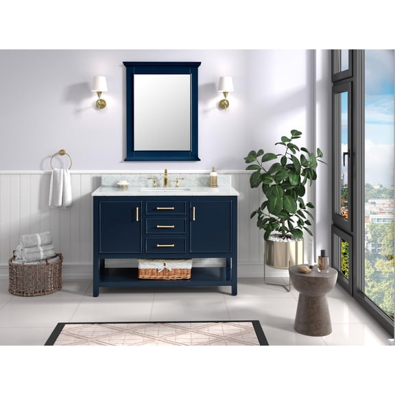 Manhattan 36" Single Bathroom Vanity, 37" W x 22" D x 34.5" H, Carrara Marble Top with Sink & Backsplash, Navy Blue, Solid Wood, Pre-Assembled, 3 Soft-Close Drawers, 1 Shelf.