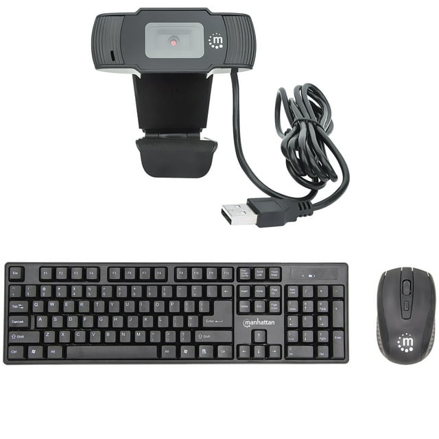 Manhattan 462006 1080p USB Webcam with Built-in Microphone & 178990 Wireless Keyboard & Optical Mouse Set