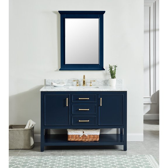 Manhattan 48" Single Bathroom Vanity, 49" W x 22" D x 34.5" H, Carrara Marble Top with Sink & Backsplash, Navy Blue, Solid Wood, Pre-Assembled, 3 Soft-Close Drawers, 2 Doors, 1 Shelf