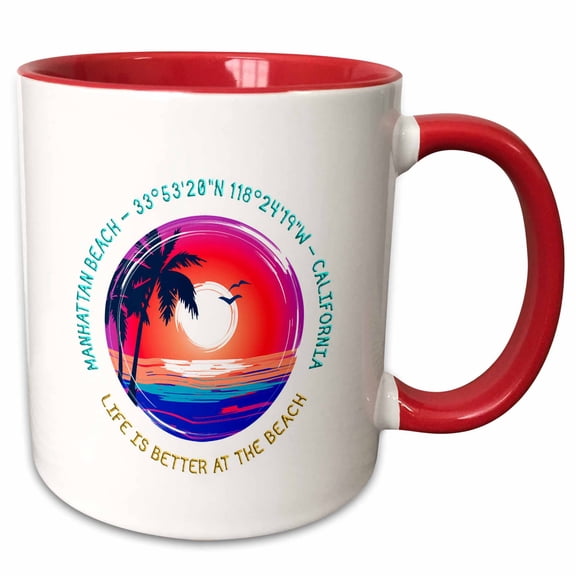 3drose, Manhattan Beach, California. Life Is Better at the Beach Travel Gift, 11oz Two-tone Red Mug