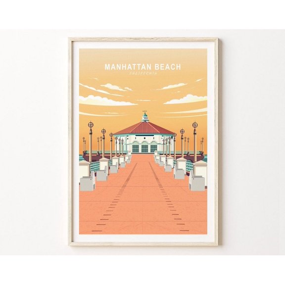 Manhattan Beach Pier Travel Poster California Manhattan Beach Pier Wall Art Los Angeles Sunet Travel Birthday Present Wall Art Modern Wall Decor Wall Art