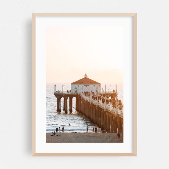Manhattan Beach Sunset 04 - Los Angeles California Photography Beach Coastal Sunset Ocean Architecture Summer Oak Framed Wall Art Print 24 x 36 inches
