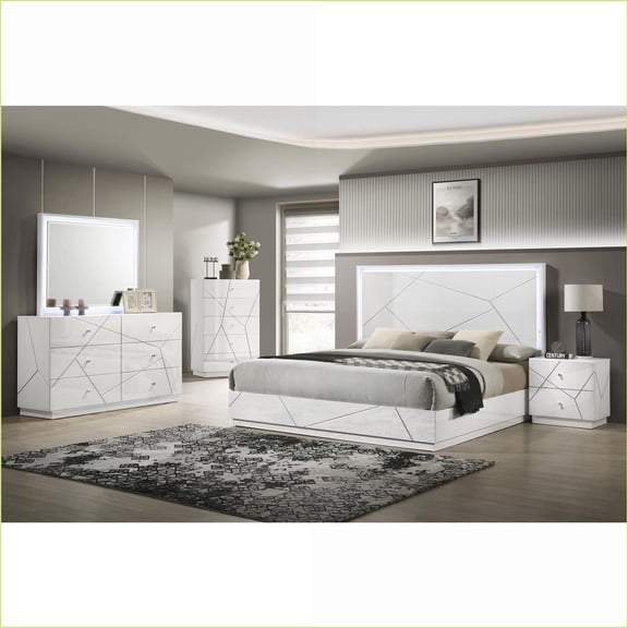5-Piece Queen Bedroom Furniture Set Modern with LED Lights & Lacquer Finish | White | Double Dressers