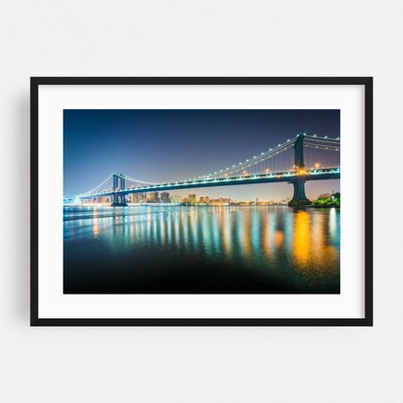 Manhattan Bridge 02 - Brooklyn New York Photography Bridge Cityscape Nightlife Skyline Architecture Scenic Black Framed Wall Art Print 5 x 7 inches