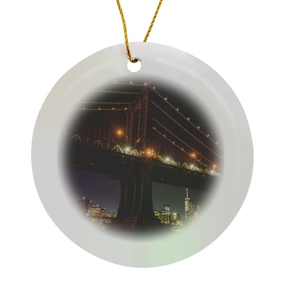 3drose, Manhattan Bridge and Skyline from Brooklyn Bridge Park, New York City, Circle Porcelain Ornament