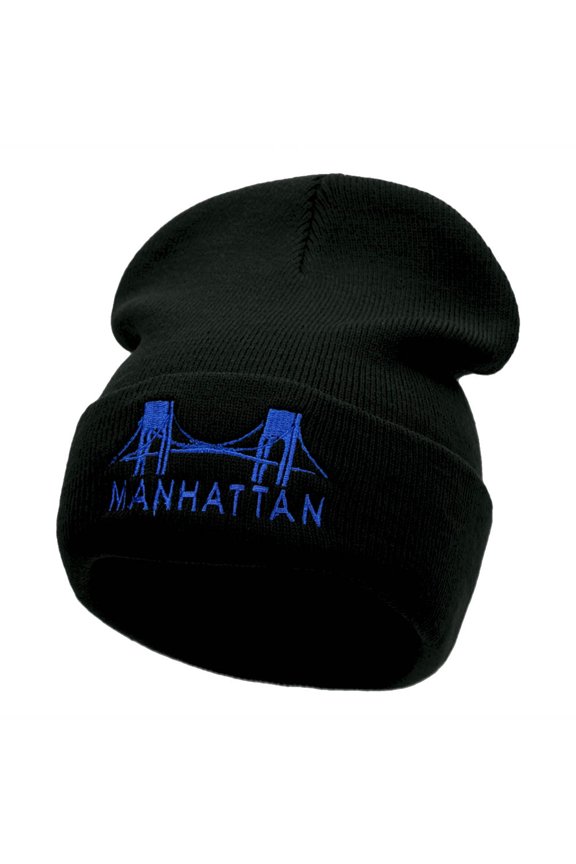 Manhattan Bridge Embroidered 12 Inch Knitted Long Beanie - Black OSFM