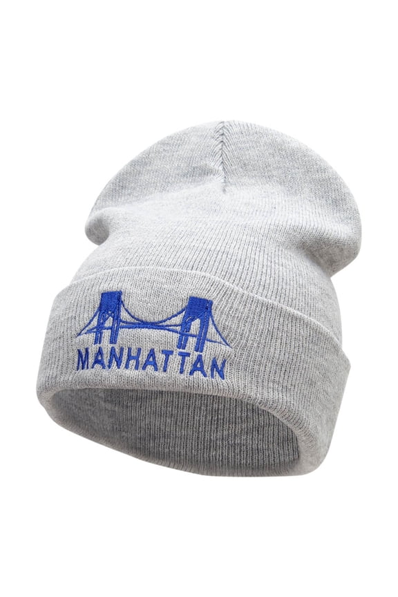 Manhattan Bridge Embroidered 12 Inch Knitted Long Beanie - Heather Grey OSFM