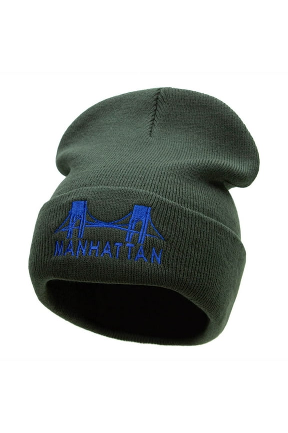 Manhattan Bridge Embroidered 12 Inch Knitted Long Beanie - Olive OSFM