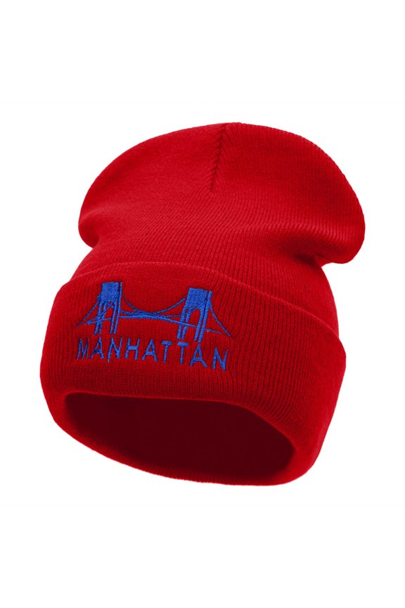 Manhattan Bridge Embroidered 12 Inch Knitted Long Beanie - Red OSFM