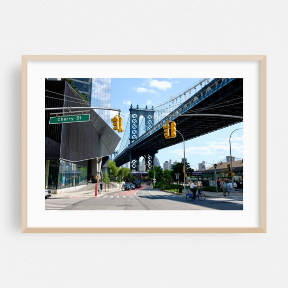 The Manhattan Bridge - Manhattan New York Photography Bridge Cityscape Bicycle Street Photography Architecture City Oak Framed Wall Art Print 12 x 18 inches