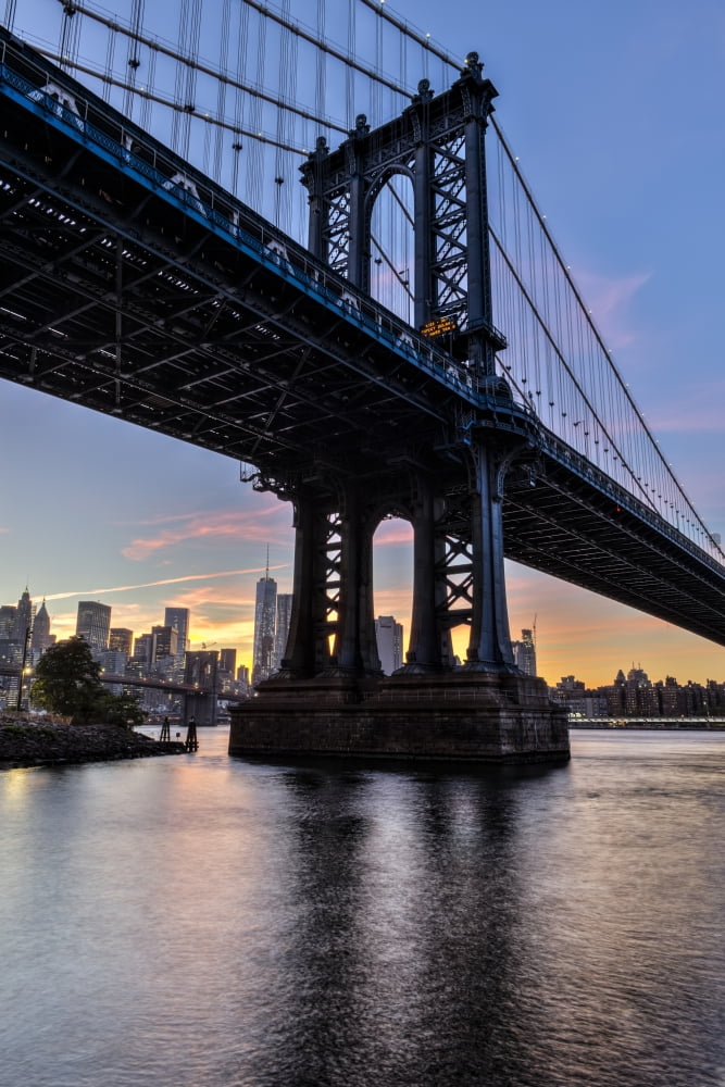 Manhattan Bridge and NYC skyline at sunset Brooklyn Bridge Park Brooklyn New York United States of America Canvas Art - F M Kearney Design Pics (12 x 19)