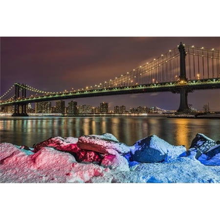 Manhattan Bridge Poster Print by Snow-Covered Rocks at Sunset Brooklyn Bridge Park Brooklyn - 19 x 12 in.
