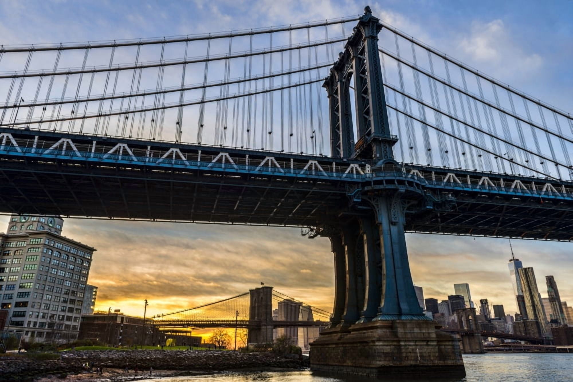 Manhattan and Brooklyn Bridges at sunset Brooklyn Bridge Park Brooklyn New York United States of America Canvas Art - F M Kearney Design Pics (18 x 12)