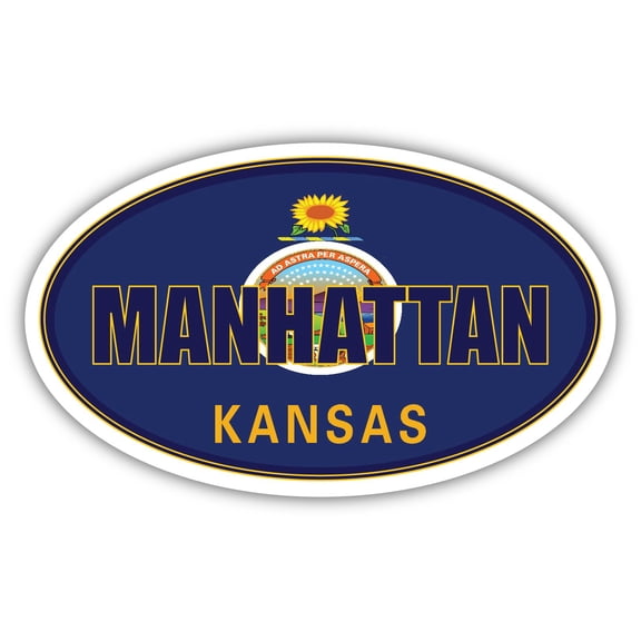 Manhattan City Kansas State Flag | KS Flag Riley County Oval State Colors Bumper Sticker Car Decal 3x5 inches