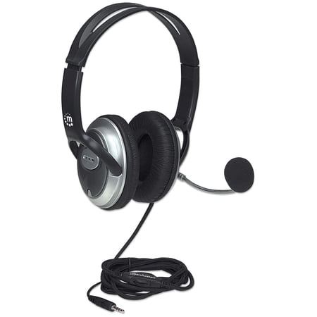 Manhattan Classic Wired Stereo Headset HS1 - Over-ear Design, Single 3.5 mm Stereo Plug, Adjustable Microphone, In-line Volume Control, Black/Silver