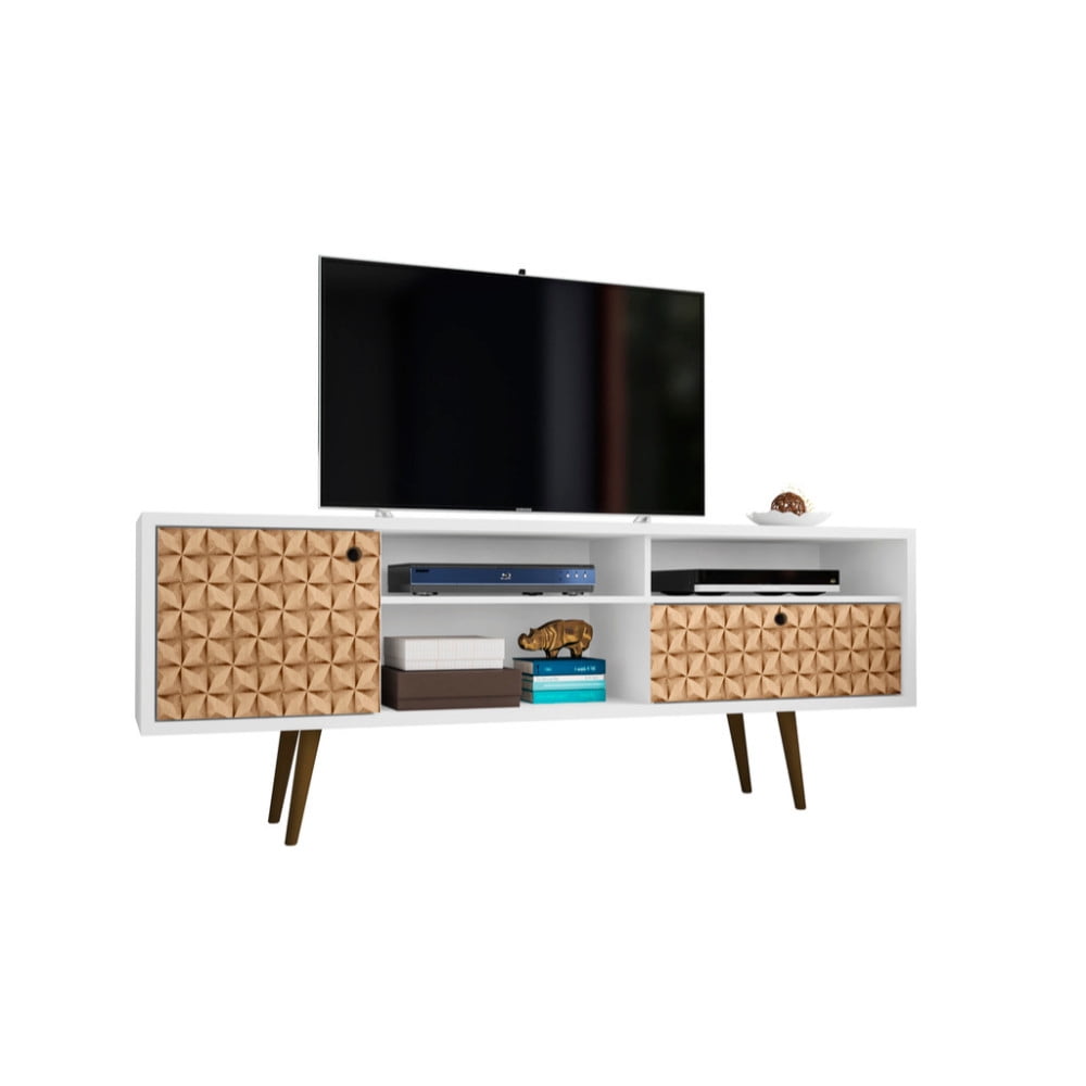White and Brown Mid-Century Modern TV Stand with Cabinet