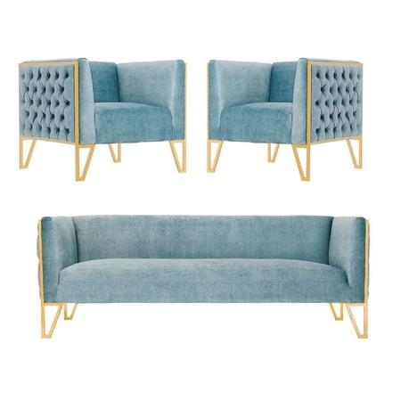 Manhattan Comfort 3 Piece Mid Century Velvet Living Room Set Ocean Blue