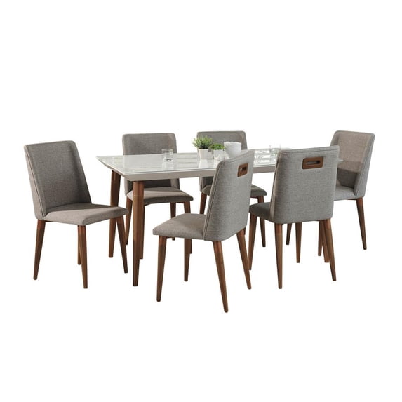 Manhattan Comfort 7-Piece Utopia 70.86" and Tampa Dining Set with 6 Dining Chairs in White Gloss and Grey