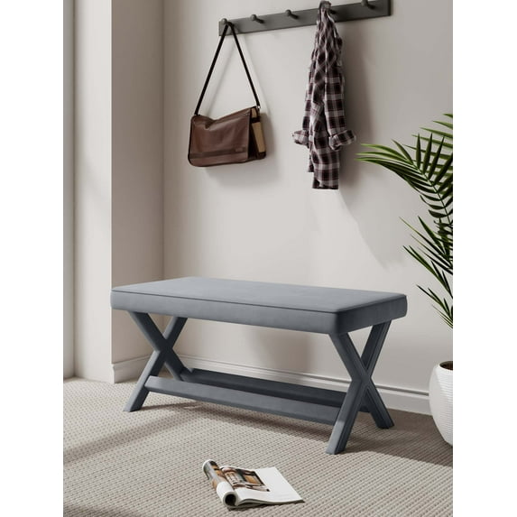Manhattan Comfort Abigail Double Ottoman Bench with Solid Wood Frame in Gray