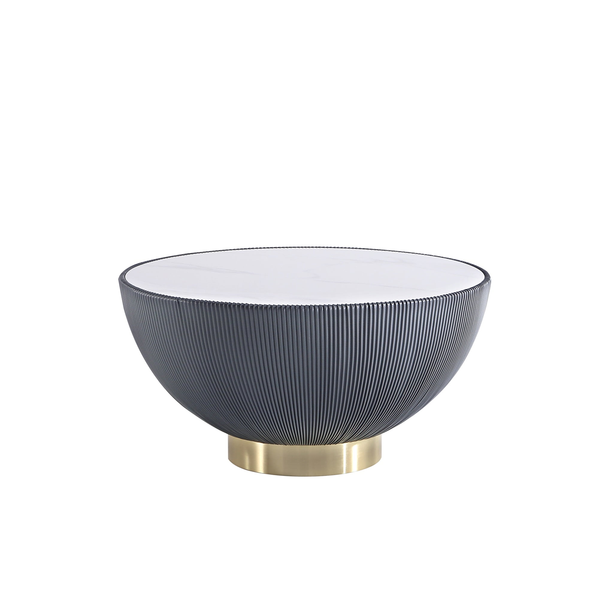 Gray Round Marble Coffee Table with Gold Base and Leatherette Pleating