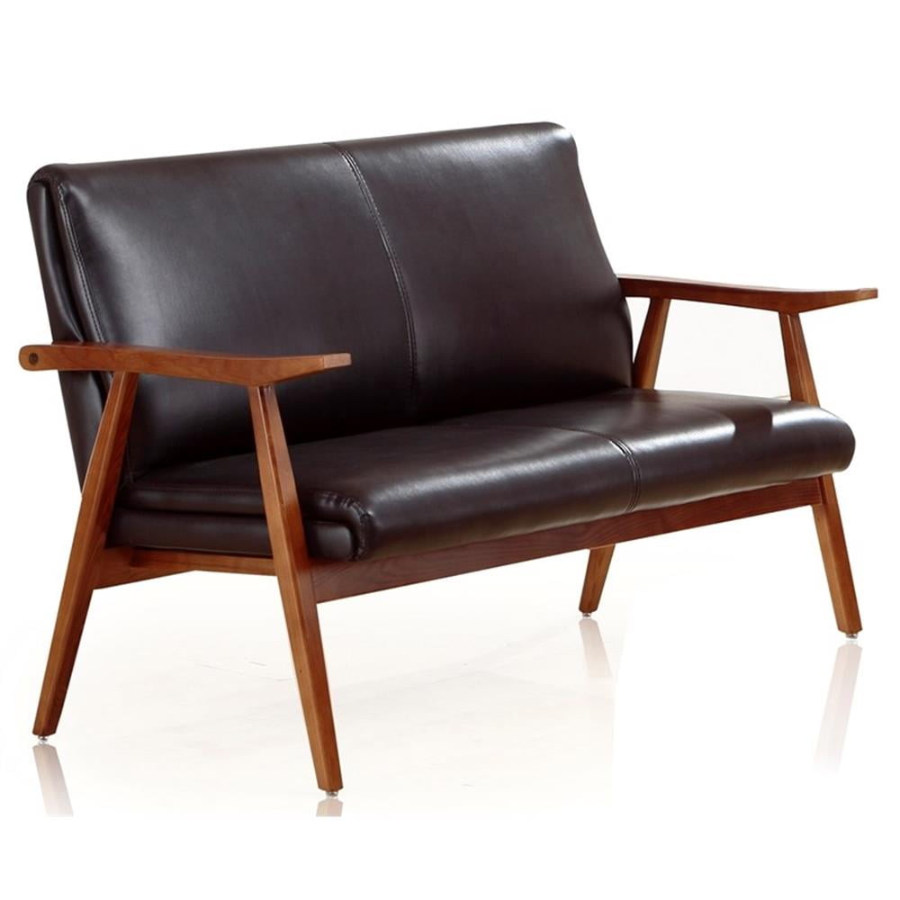 Black Faux Leather Mid-Century Modern Loveseat with Wood Frame