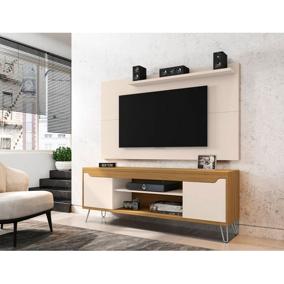 Manhattan Comfort Baxter 62.99" Mid-Century Modern TV Stand and Liberty Panel with Media and Display Shelves in Off White and Cinnamon