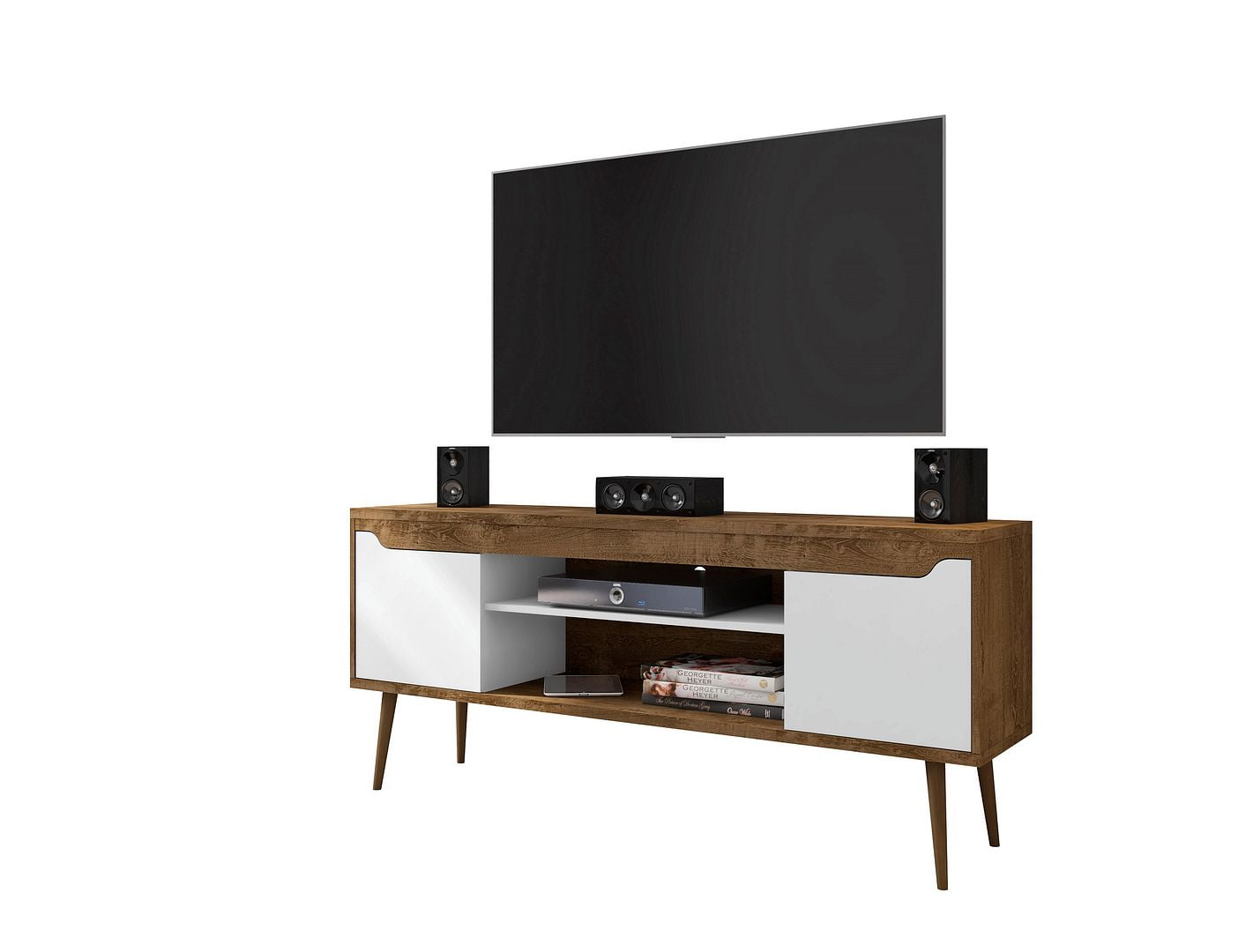 Rustic Brown and White Solid Wood 63" TV Stand with Cabinet Storage