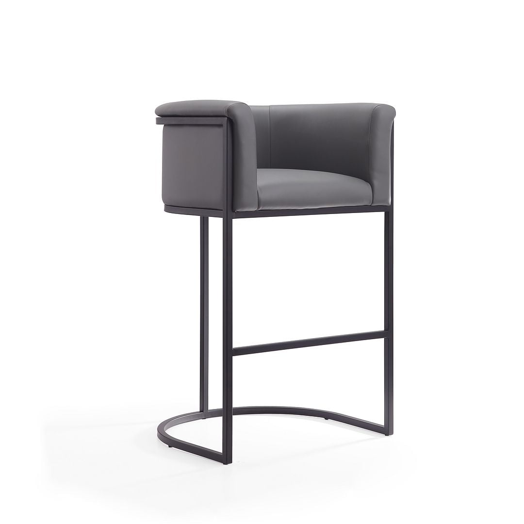 Gray Upholstered Metal Frame Barrel Bar Stool