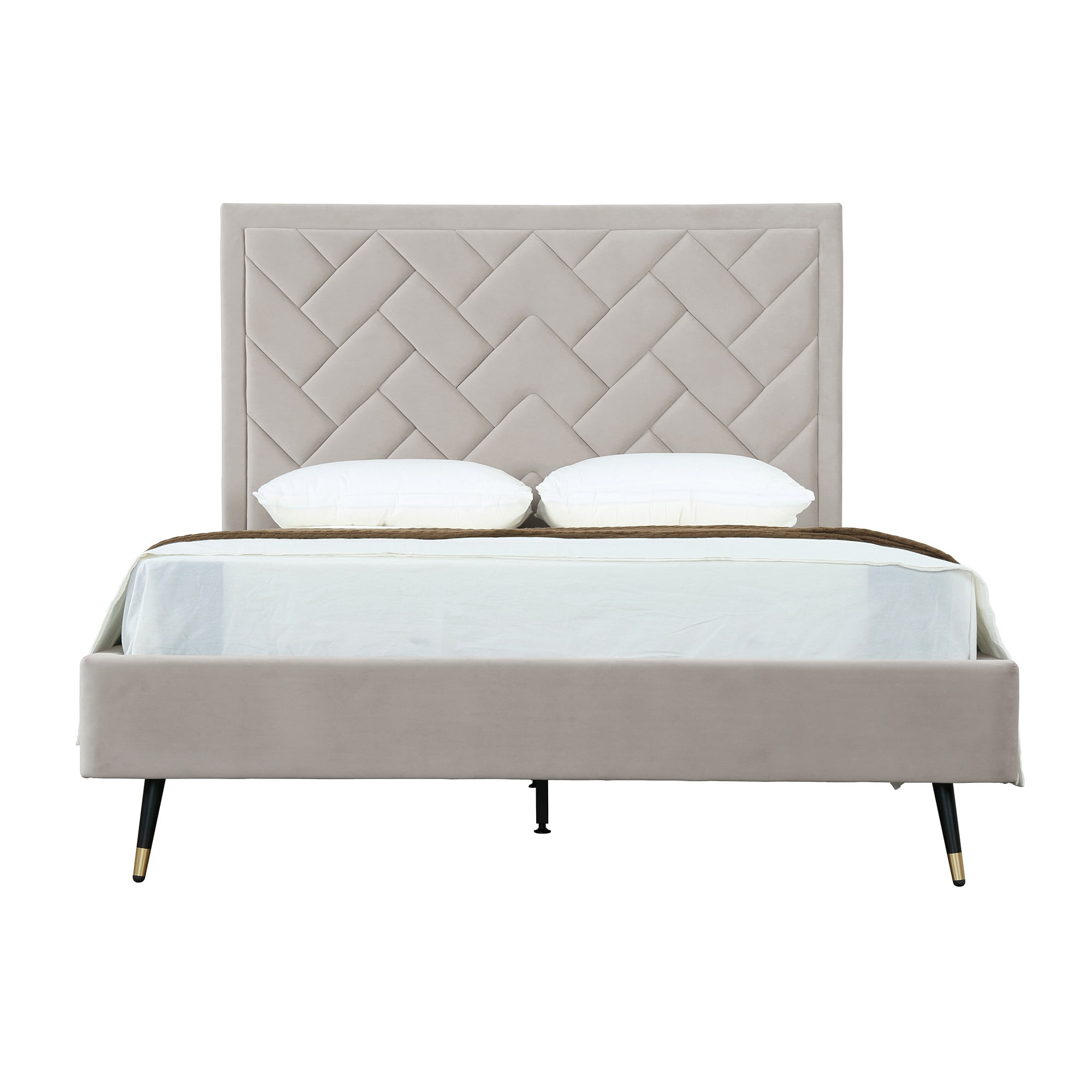Queen Cream Velvet Upholstered Bed with Chevron Headboard