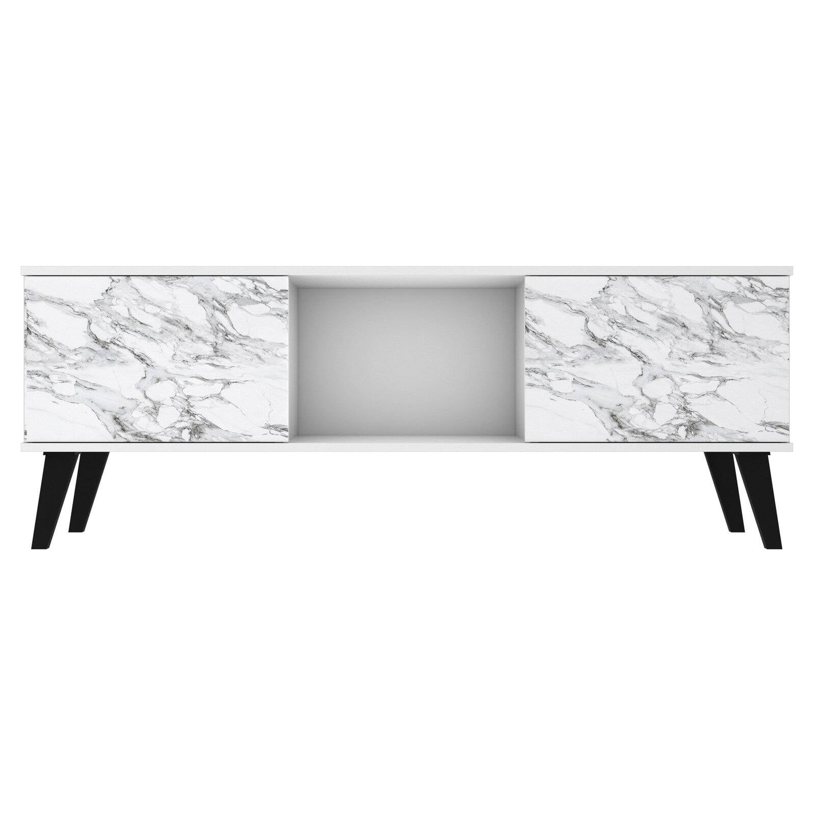 Modern White and Marble 71" TV Stand with Concealed Storage