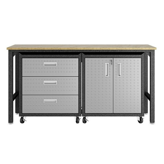 Manhattan Comfort Fortress 3-Piece Metal Worktable & Garage Cabinet Set in Gray