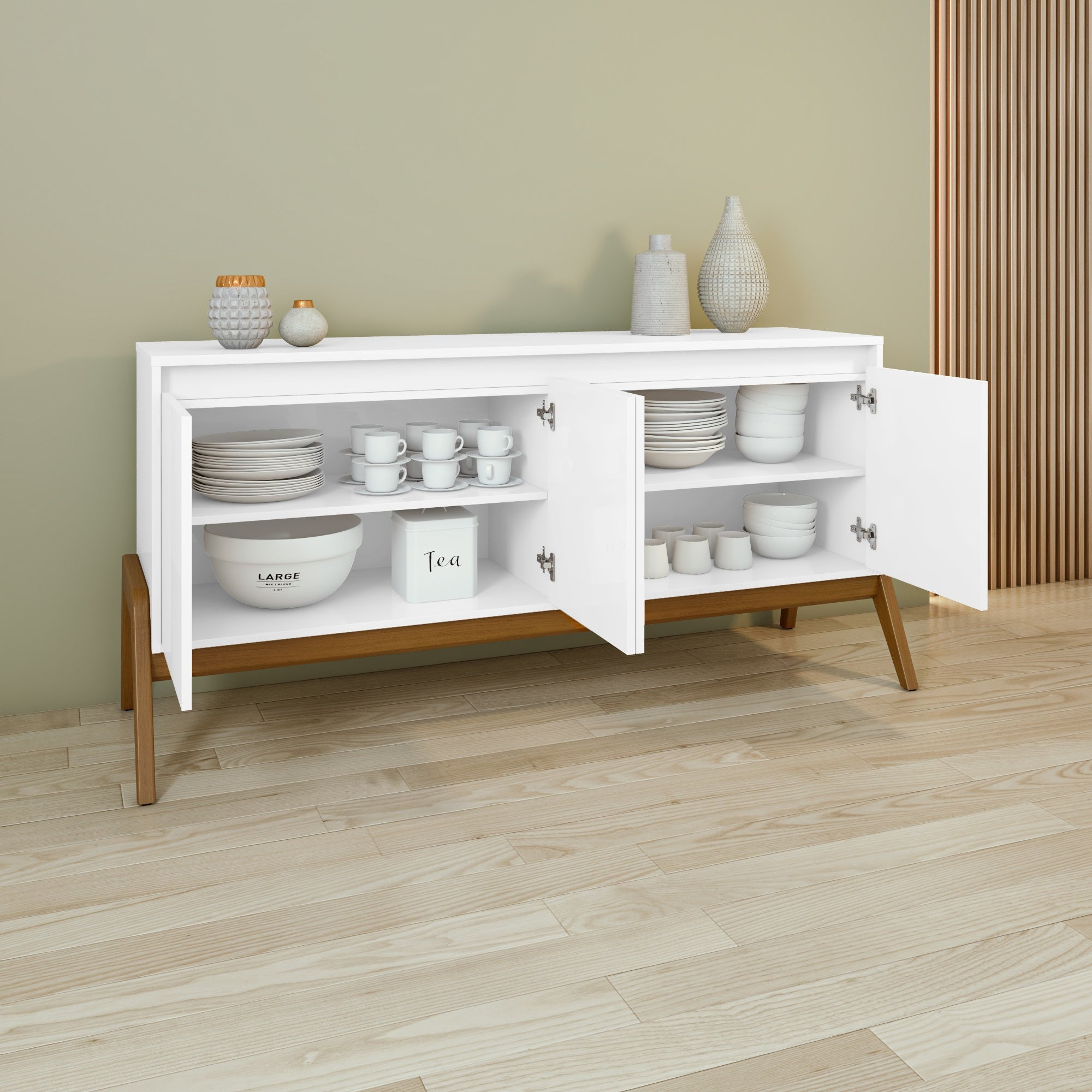 Matte White Eucalyptus Wood Mid-Century Modern Sideboard
