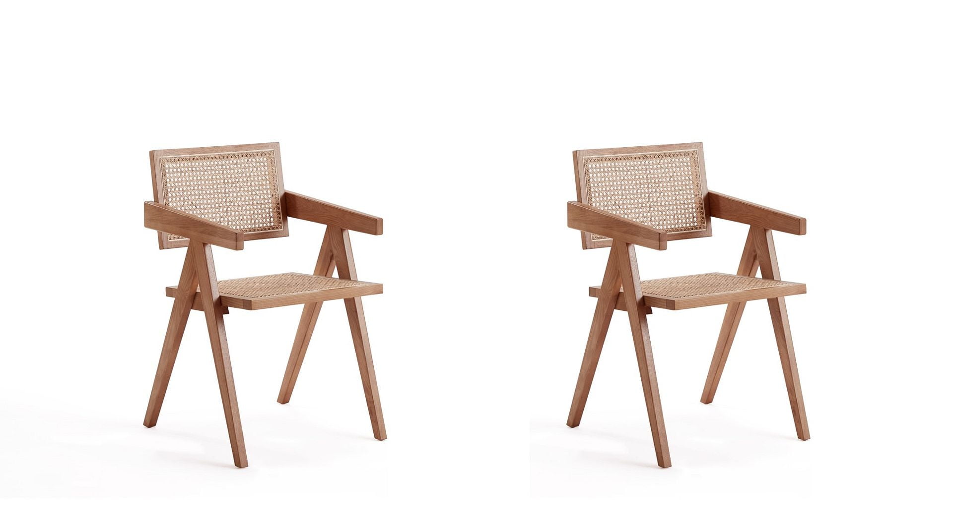 High-Back Natural Cane and Rattan Arm Chair with Ash Wood Base