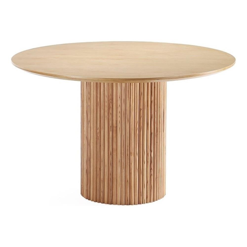 Natural Wood Round Dining Table with Ribbed Pedestal Base, 47.24"